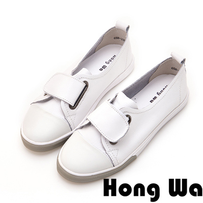 Hong Wa 日系撞色扣帶牛皮休閒便鞋 - 白
