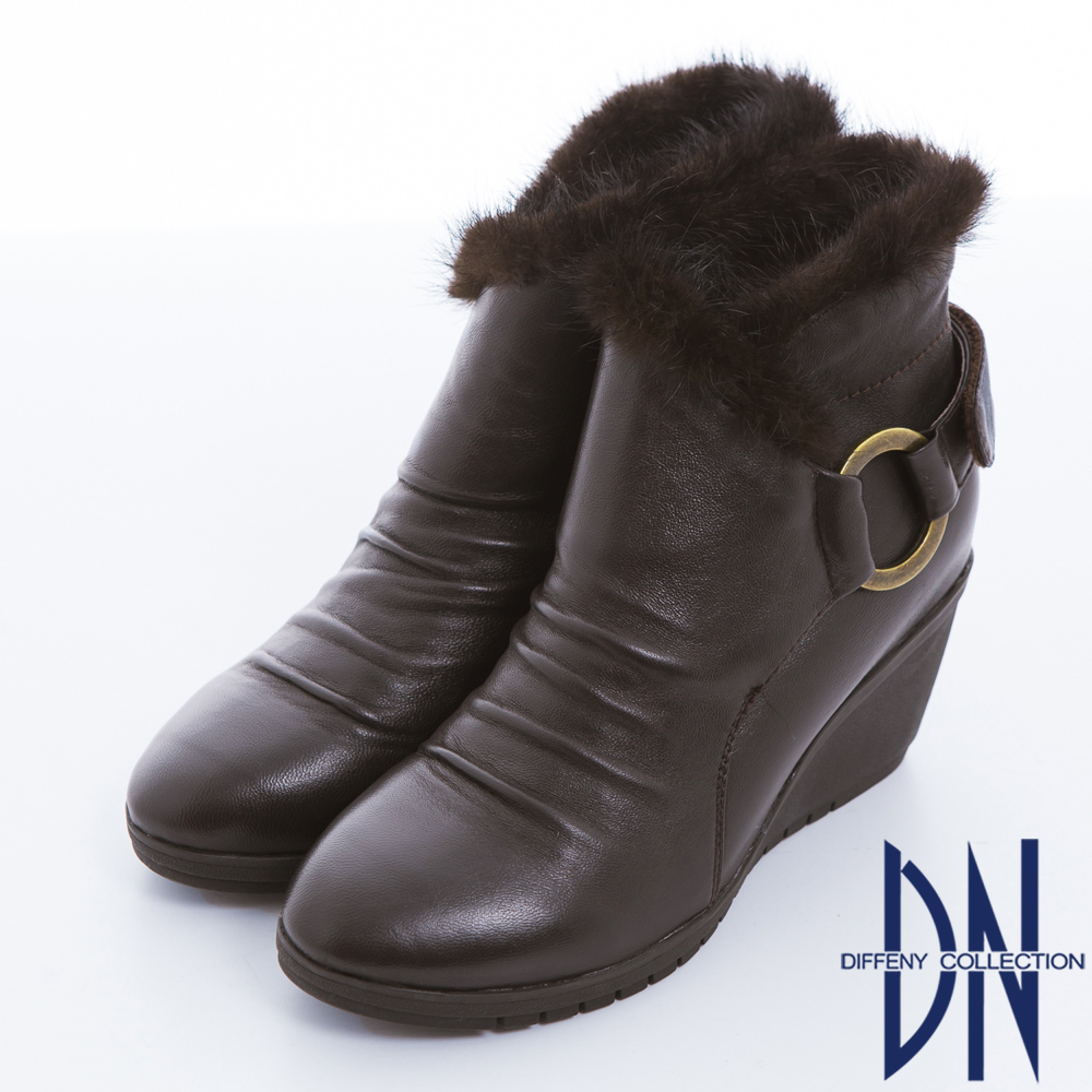 DN 歐美時尚 羊皮環釦設計貂毛滾邊楔型踝靴 深咖