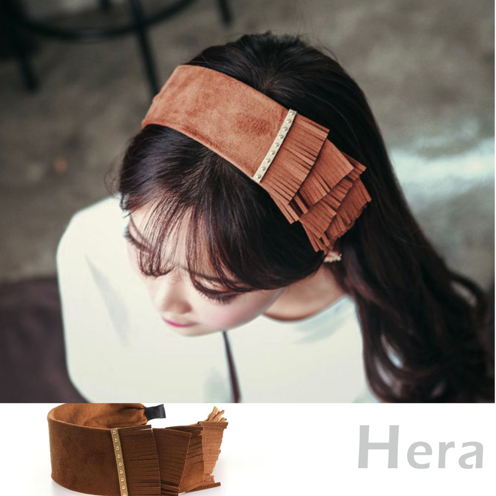 Hera 赫拉 波希米亞風麂皮流蘇穗子寬版髮箍/頭箍(棕色)