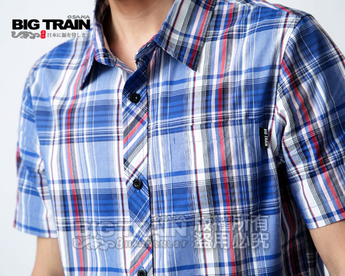BIG TRAIN-基本款藍紅格紋短袖襯衫-藍紅格