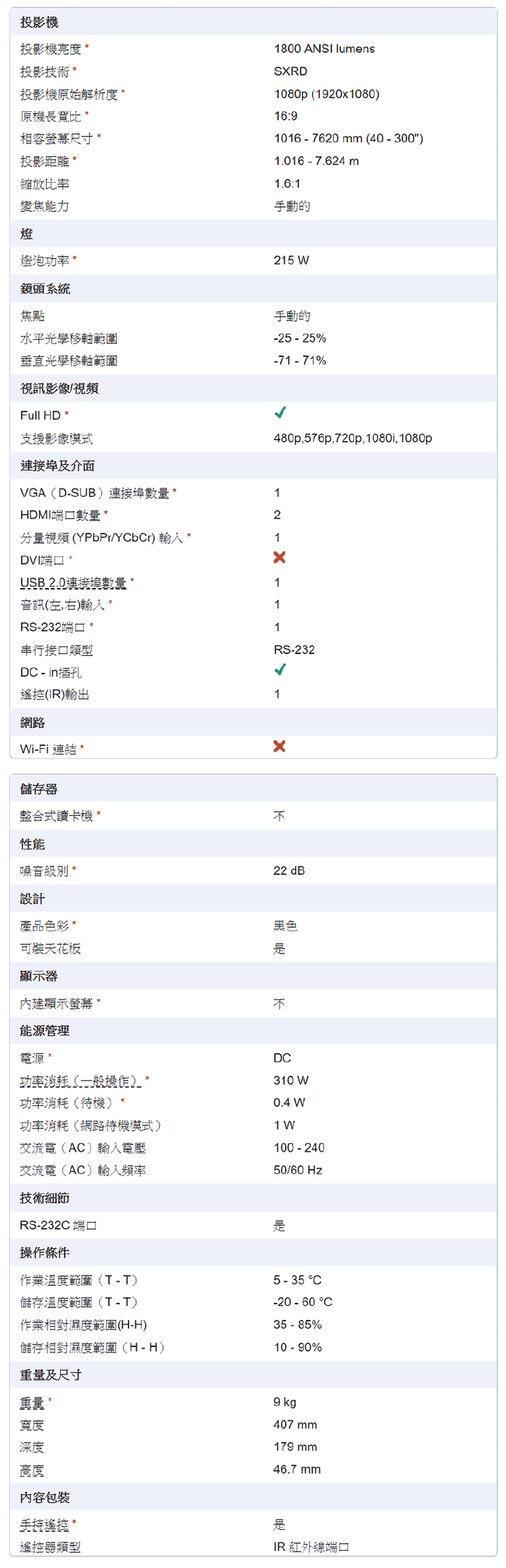 SONY FULL HD 家庭劇院投影機1800流明 VPL-HW45