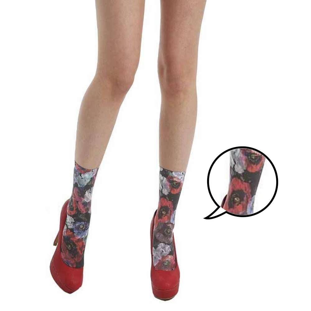 摩達客 英國進口義大利製Pamela Mann浪漫紅罌粟花圖紋彈性短襪/腳踝襪