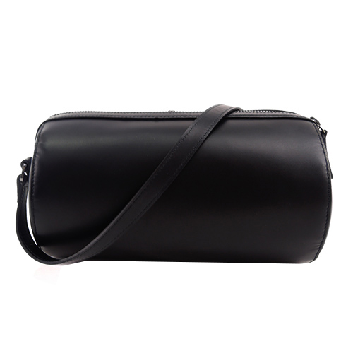 agnes b.燙金logo三角幾何圓桶皮革斜背包(黑/銀邊)