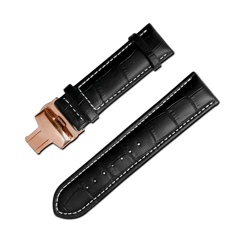 Watchband 經典復刻時尚指標壓紋真皮雙邊壓扣錶帶 黑x白x玫瑰金扣