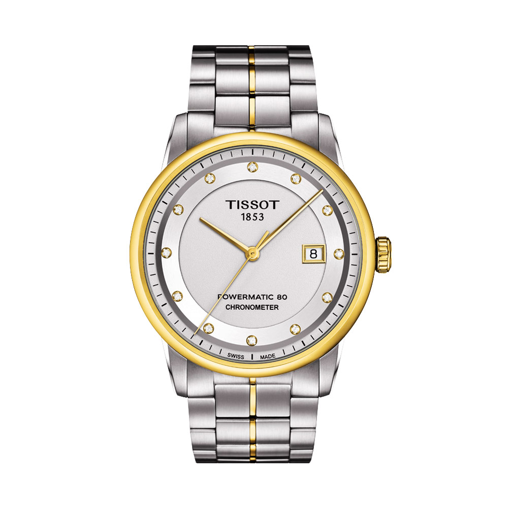 TISSOT 天梭 官方授權 T-Classic Luxury 天文台認證真鑽機械腕錶-銀x金框/41mm