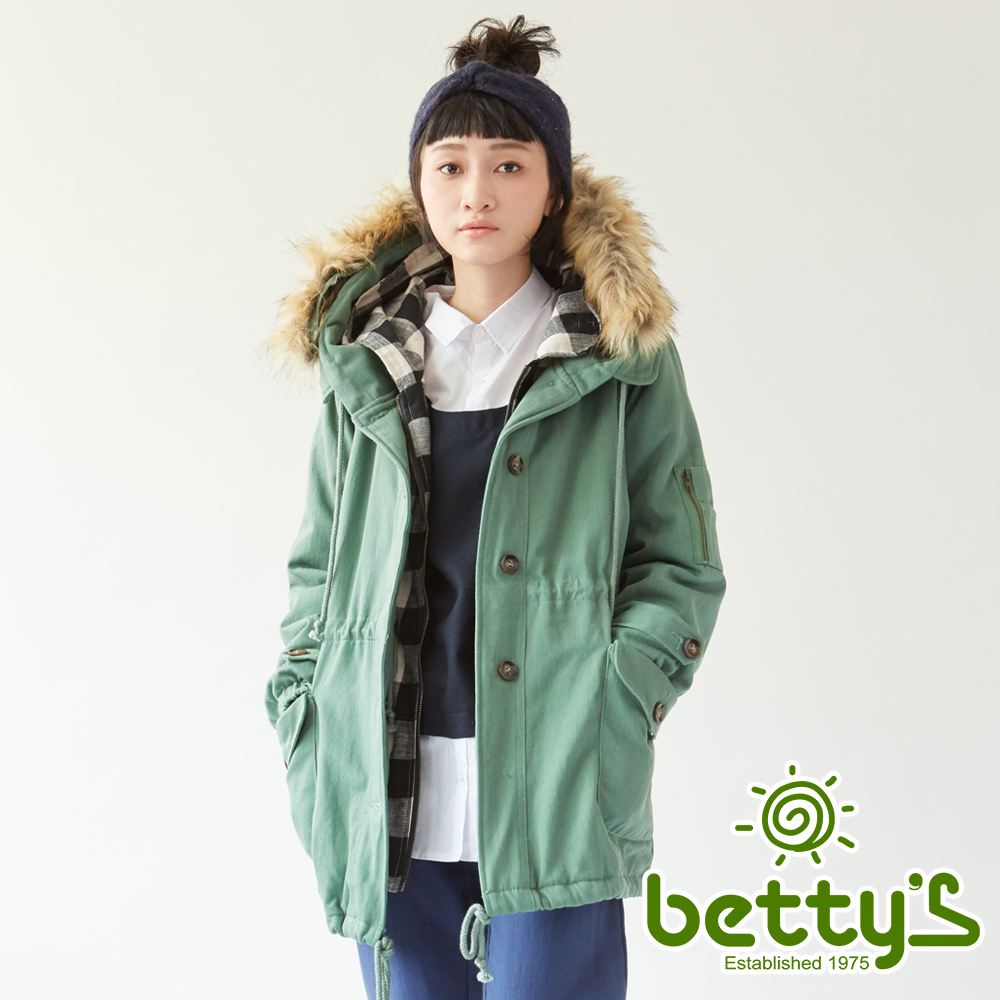 betty’s貝蒂思　格紋拼接毛毛連帽鋪棉大衣(綠色)