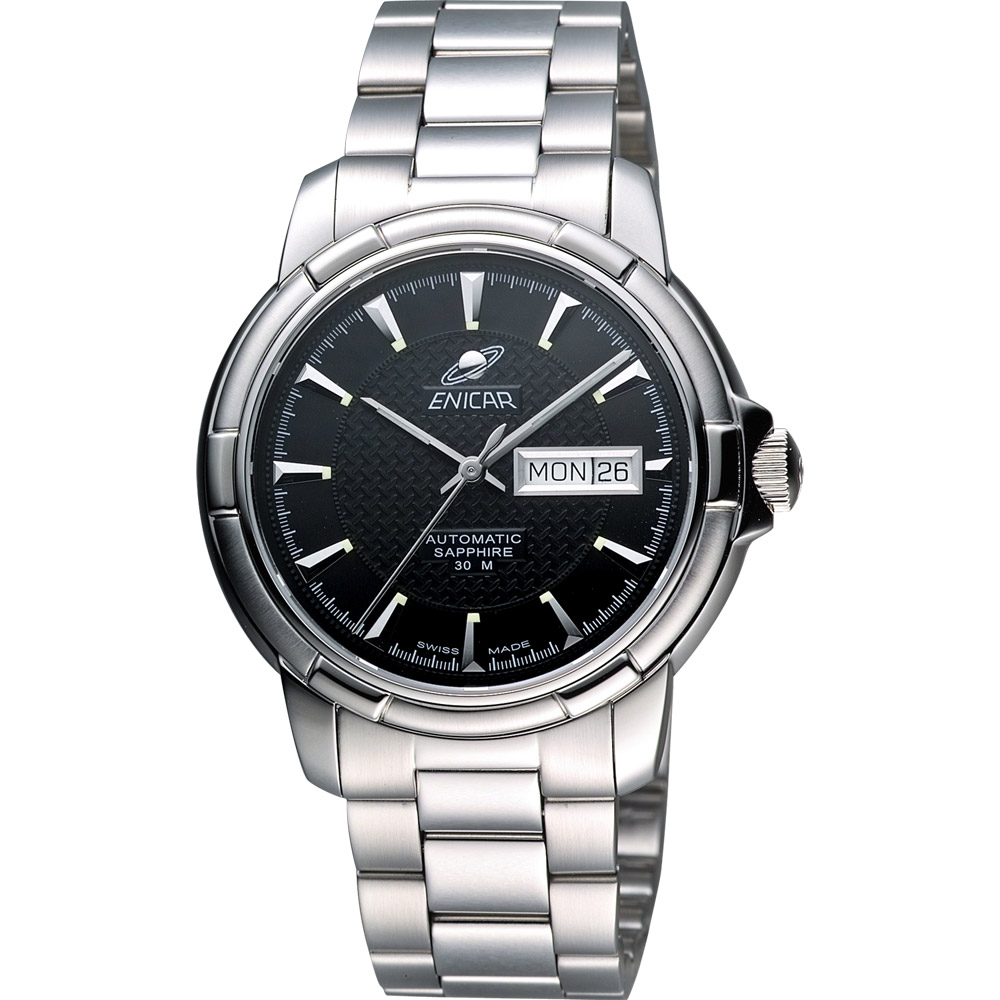 ENICAR 英納格 航行經典日曆機械腕錶-黑x銀/41mm