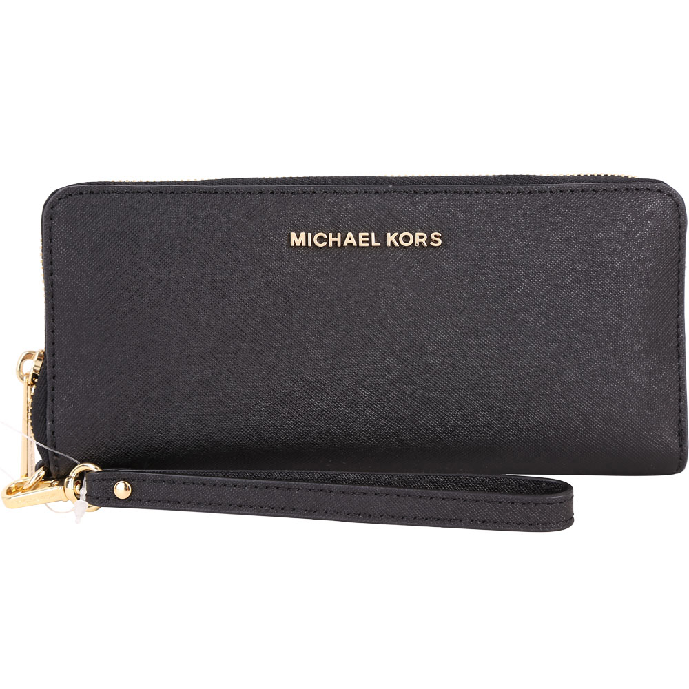 Michael Kors Jet Set Travel 金字防刮牛皮拉鍊長夾(黑色)