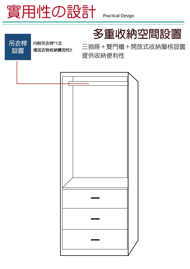 品家居 潘朵2.7尺二門三抽衣櫃(三色可選)-81x55x201cm免組