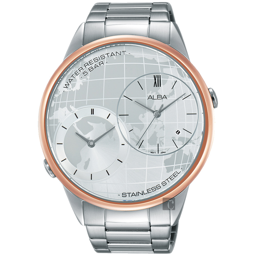 ALBA 街頭酷玩家二地時間限定腕錶(AZ9004X1)-銀x玫塊金框/45mm