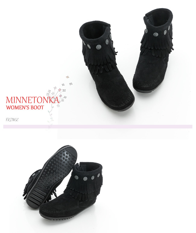 MINNETONKA 黑色純手工鉚釘二層流蘇短靴 (展示品)