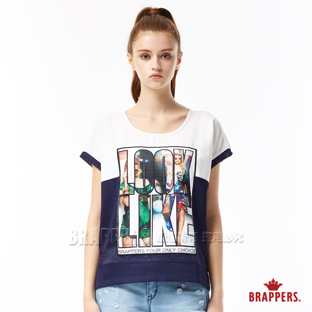 BRAPPERS 女款 網布拼色方型寬鬆印刷短袖T恤-藍