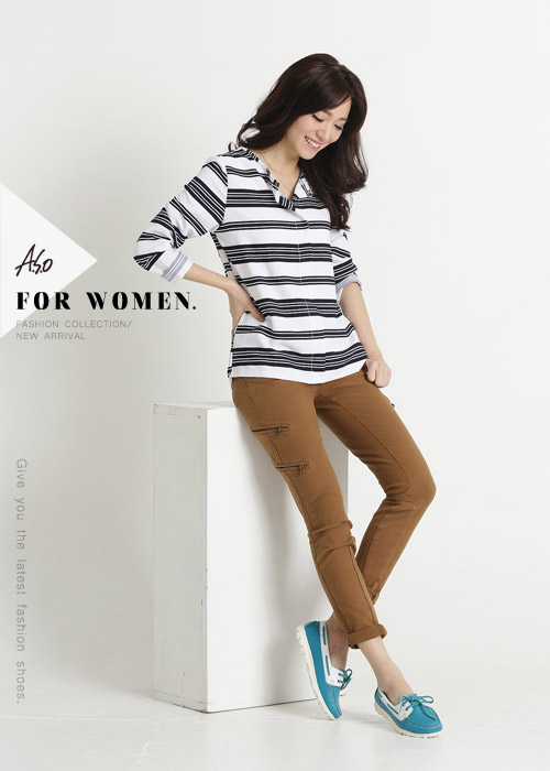 A.S.O 輕量休閒 全真皮撞色細帶穿繩奈米平底鞋 藍