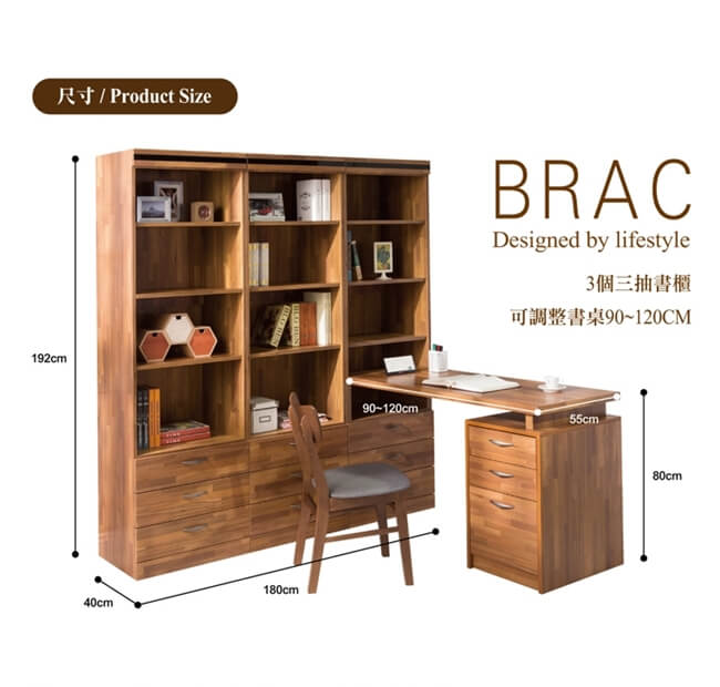 日本直人木業-BRAC層木三個3抽書櫃加調整書桌(160x180x192cm)