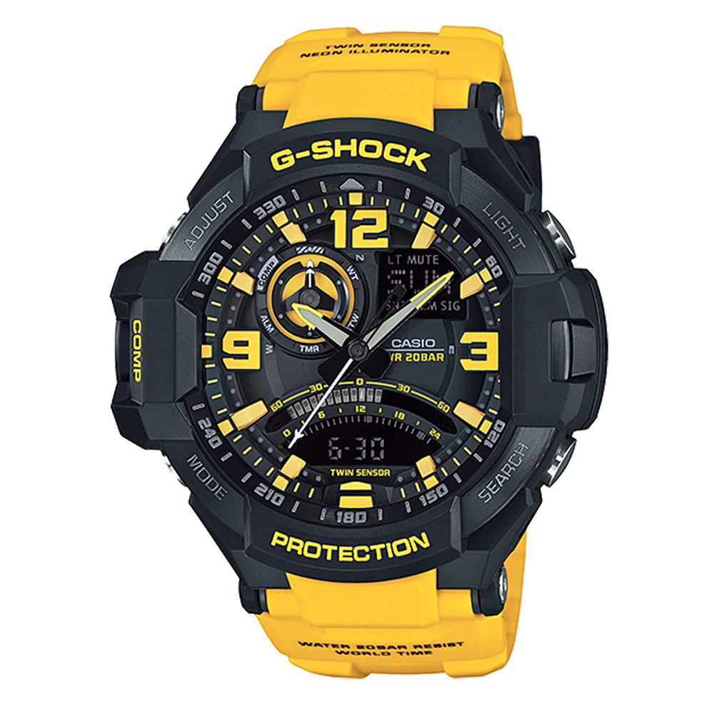 G-SHOCK 飛行霓虹照明概念數位羅盤運動錶(GA-1000-9B)-黃/52mm