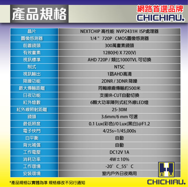 監視器攝影機 - 奇巧 AHD 720P 6陣列燈1000條雙模切換百萬畫素夜視攝影機