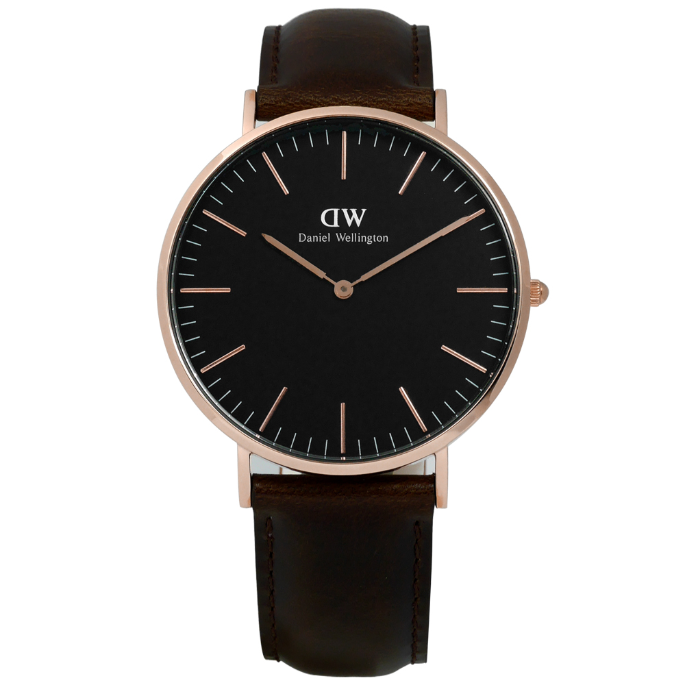 DW Daniel Wellington 旗艦真皮手錶-黑x玫瑰金框x深咖啡/40mm