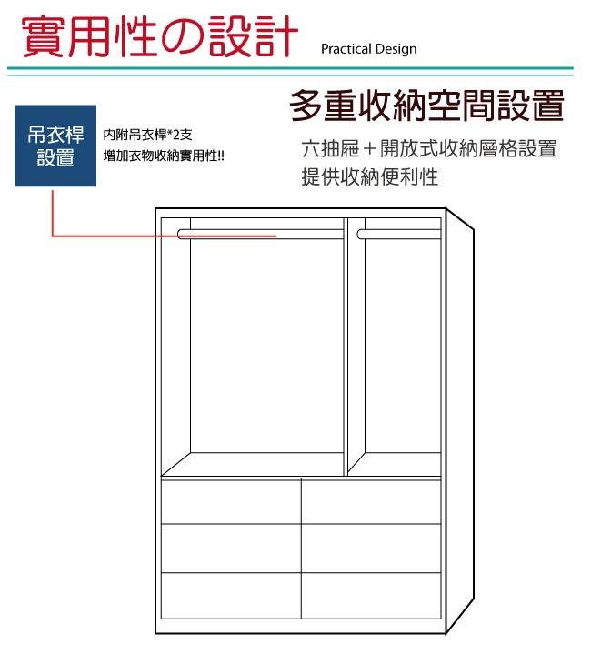 品家居 古斯丁4尺檜木實木三門六抽衣櫃-121x60.5x208.5cm免組