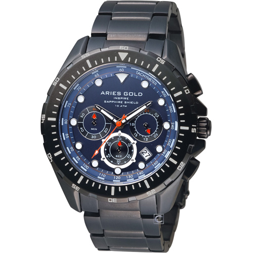 Aries Gold 雅力士 拓荒者系列冒險航道計時腕錶-藍x鍍黑/45mm