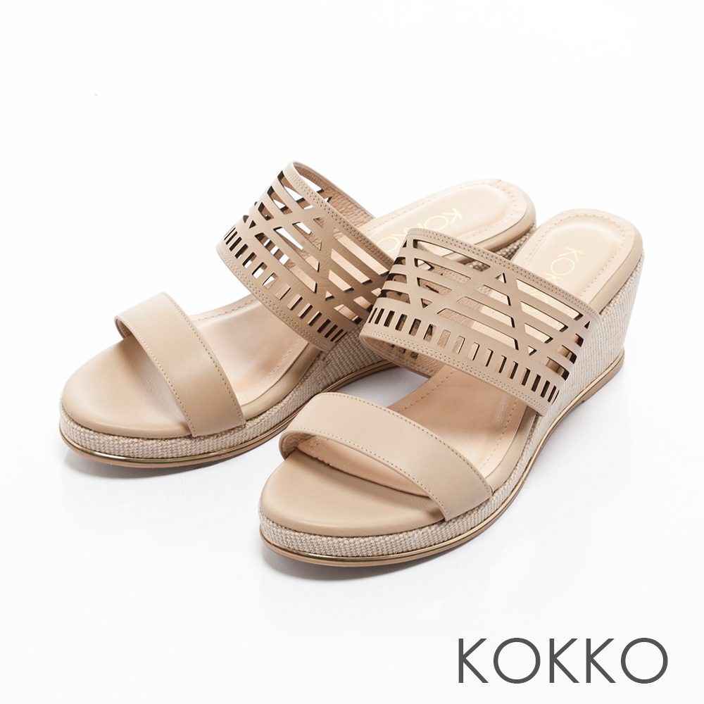 KOKKO-南國邊境真皮鏤空楔型涼拖鞋-杏裸膚
