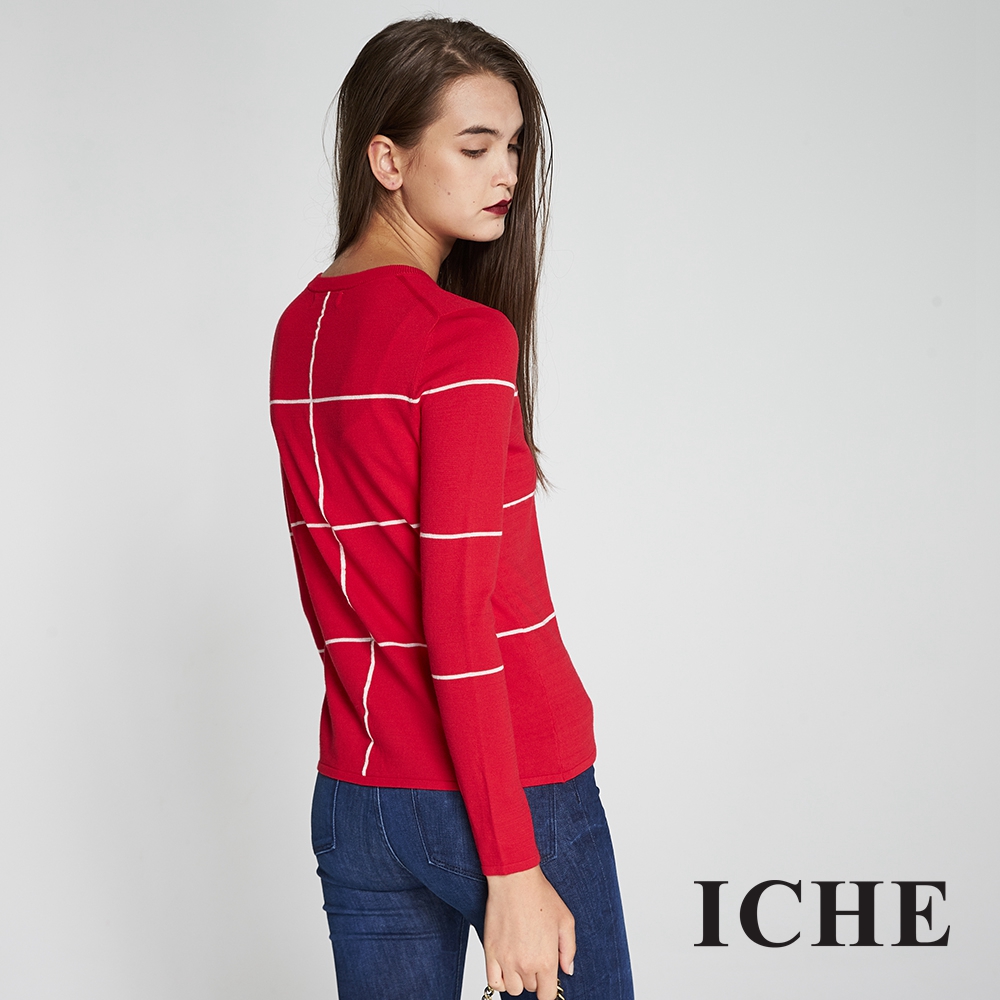 ICHE衣哲 時尚撞色線條羊毛造型針織上衣(兩色)-紅