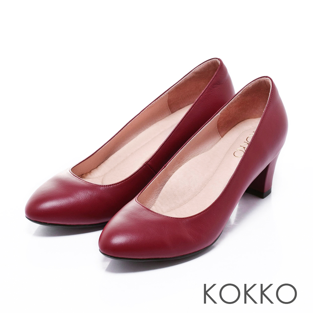 KOKKO日本彎折工藝- 經典尖頭真皮粗高跟鞋 - 暗紅