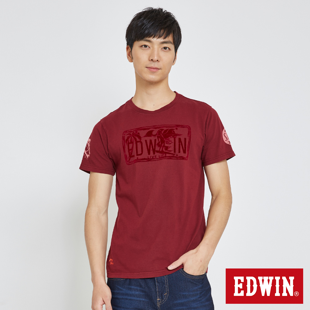 EDWIN 衝浪植絨印花T恤-男-咖啡紅