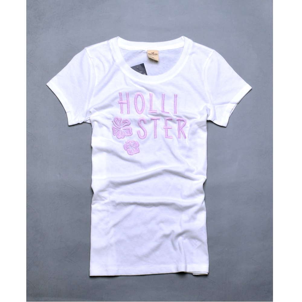 HOLLISTER Co. 品牌花朵立體刺繡 休閒圓領棉短T-白