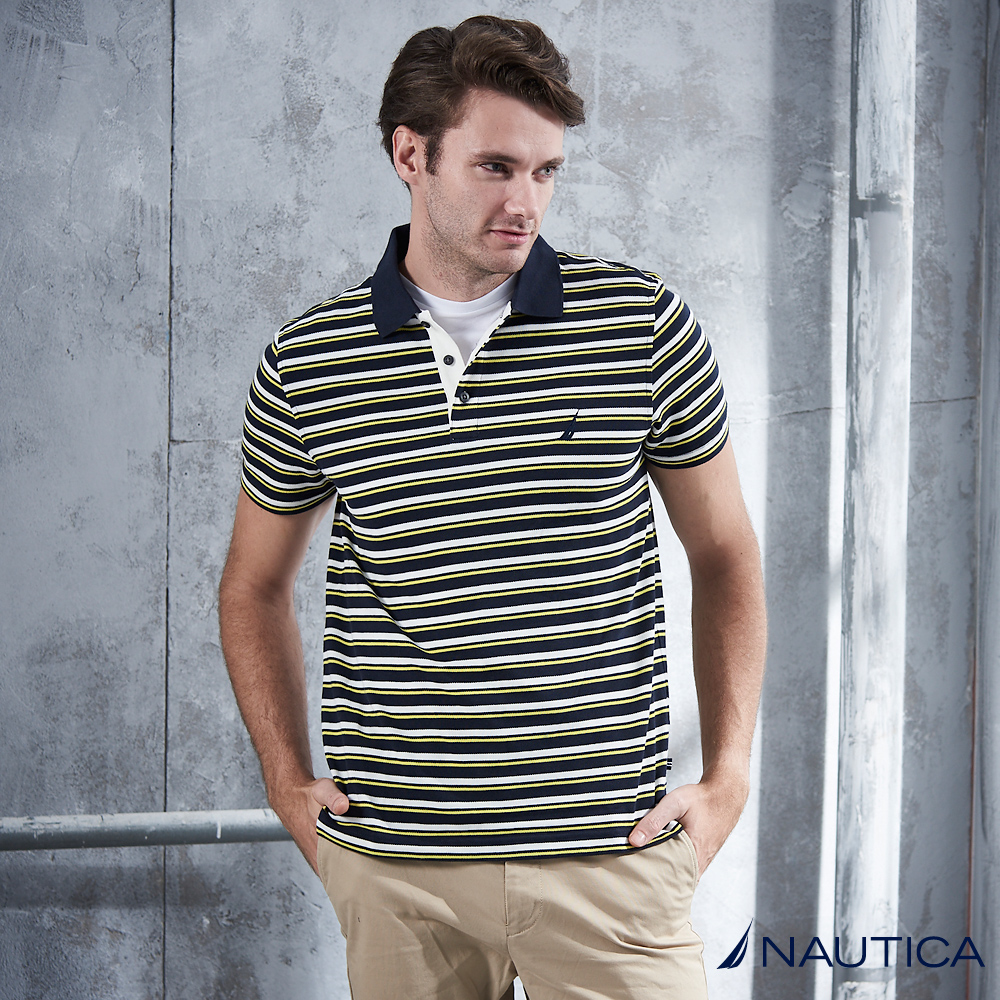 Nautica 陽光型男條紋短袖POLO衫 -黃藍