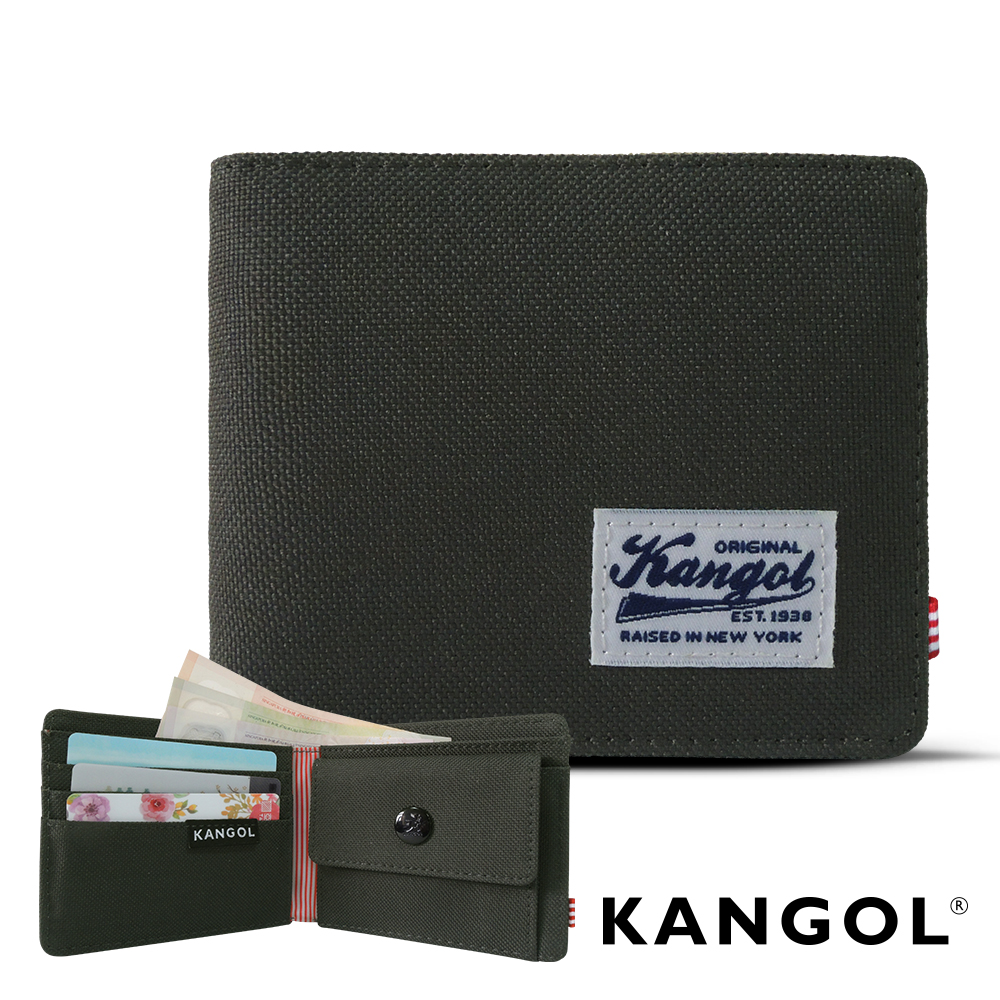 KANGOL 韓式潮流 多夾層/零錢袋橫式短皮夾+鑰匙圈禮盒-帆布鐵灰