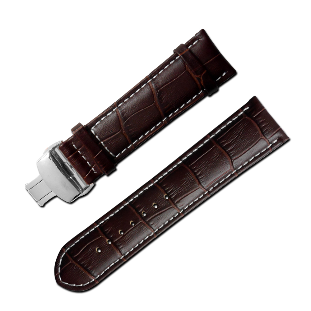 Watchband 經典復刻時尚指標壓紋真皮雙邊壓扣錶帶 棕x白x銀扣