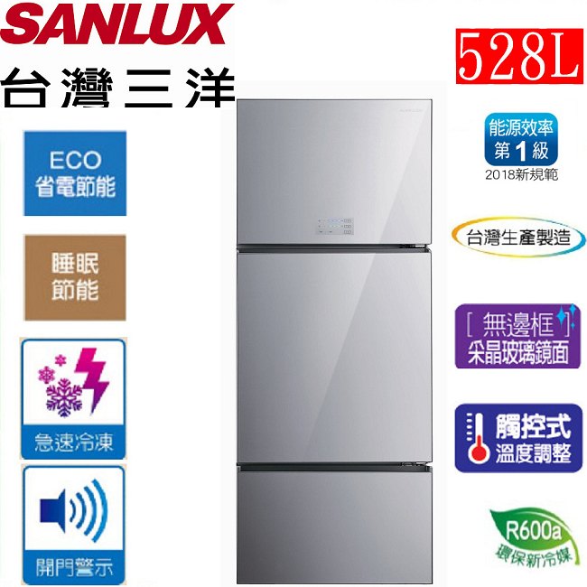 SANLUX台灣三洋 528L 1級變頻3門電冰箱 SR-C528CVG 采晶玻璃鏡面