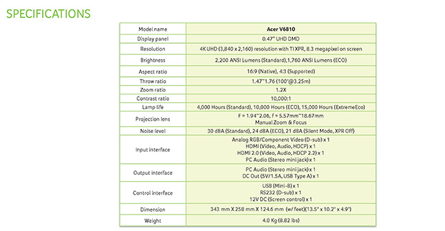 acer 4K家庭影院投影機 V6810 (2200流明)