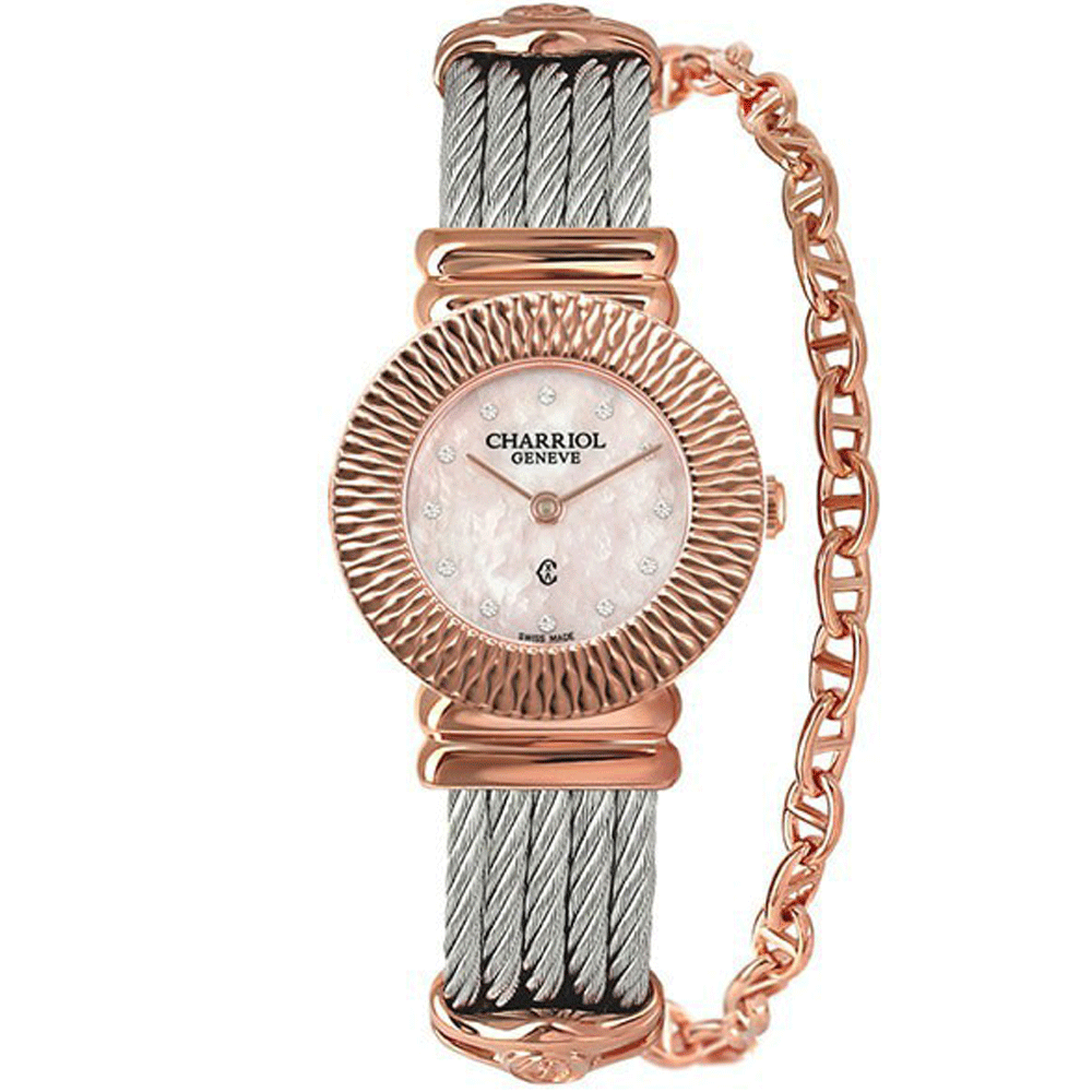 CHARRIOL夏利豪ST-TROPEZ 太陽紋鎖鍊腕錶-粉紅貝面25mm