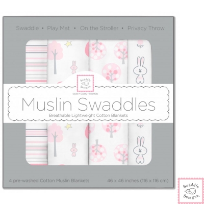 Swaddle Designs 粉紅兔兔森林多用途嬰兒包巾4入禮盒