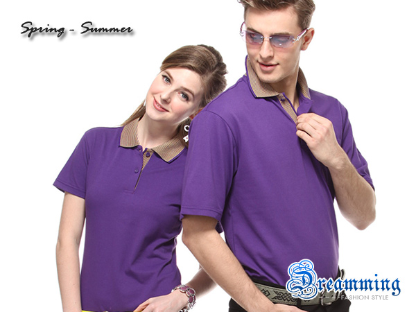 Dreamming 台灣製條紋領網眼短袖POLO衫(紫色)