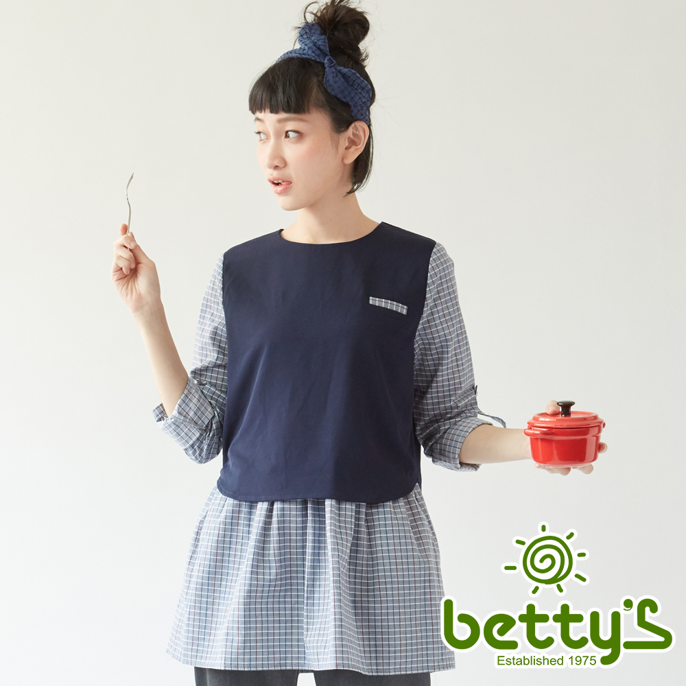 betty’s貝蒂思　知性格紋拼接雪紡假兩件式上衣(藍色)