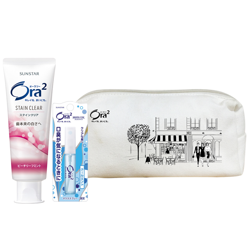 Ora2 心機化妝包組合5(蜜桃牙膏140g+薄荷口香噴劑6ml)