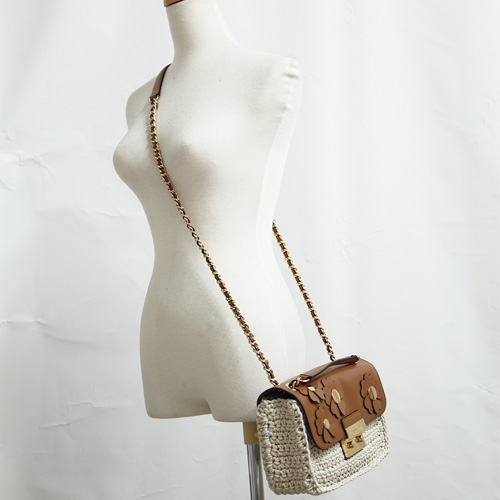 MICHAEL KORS 貼花編織拼接牛皮肩背/斜背包-駝色/米色