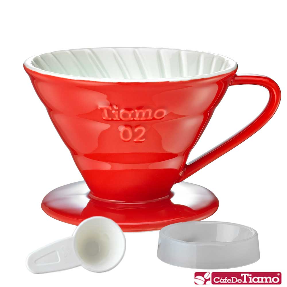 Tiamo V02 陶瓷雙色濾杯組附滴水盤量匙螺旋款-五色(HG5544)
