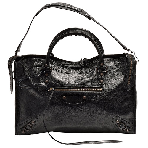 BALENCIAGA經典CITY LOGO STRAP古銅金扣小羊皮手提/肩背機車包(黑)