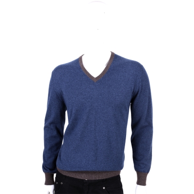 ALLUDE 藍x咖V領肘拼接設計毛衣(100%CASHMERE)