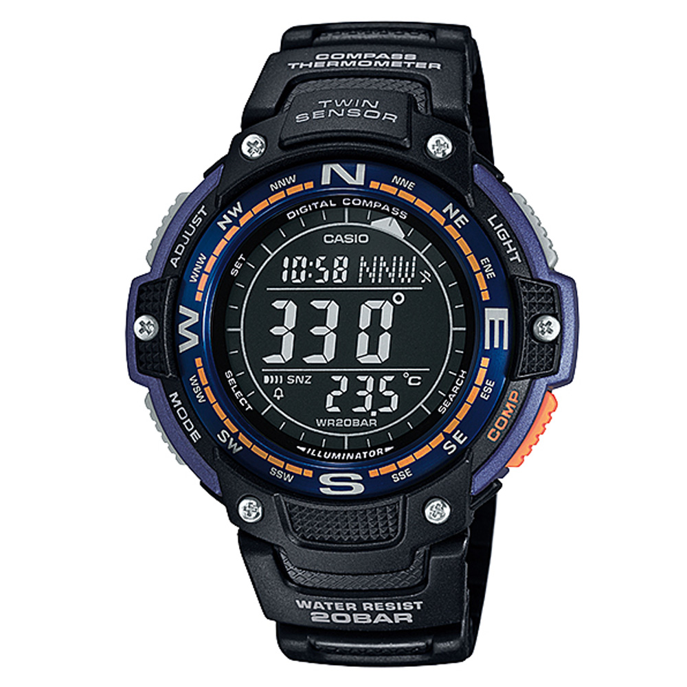 CASIO 雄霸南北運動風數位錶(SGW-100-2B)-黑x紫/47.6mm