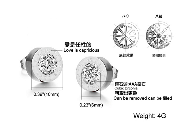 JINCHEN 白鋼單鑽耳環 銀色