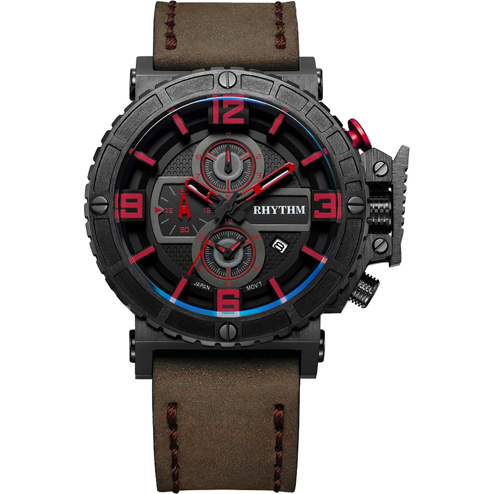 RHYTHM日本麗聲 運動系列大錶徑計時手錶-黑x卡其/46mm