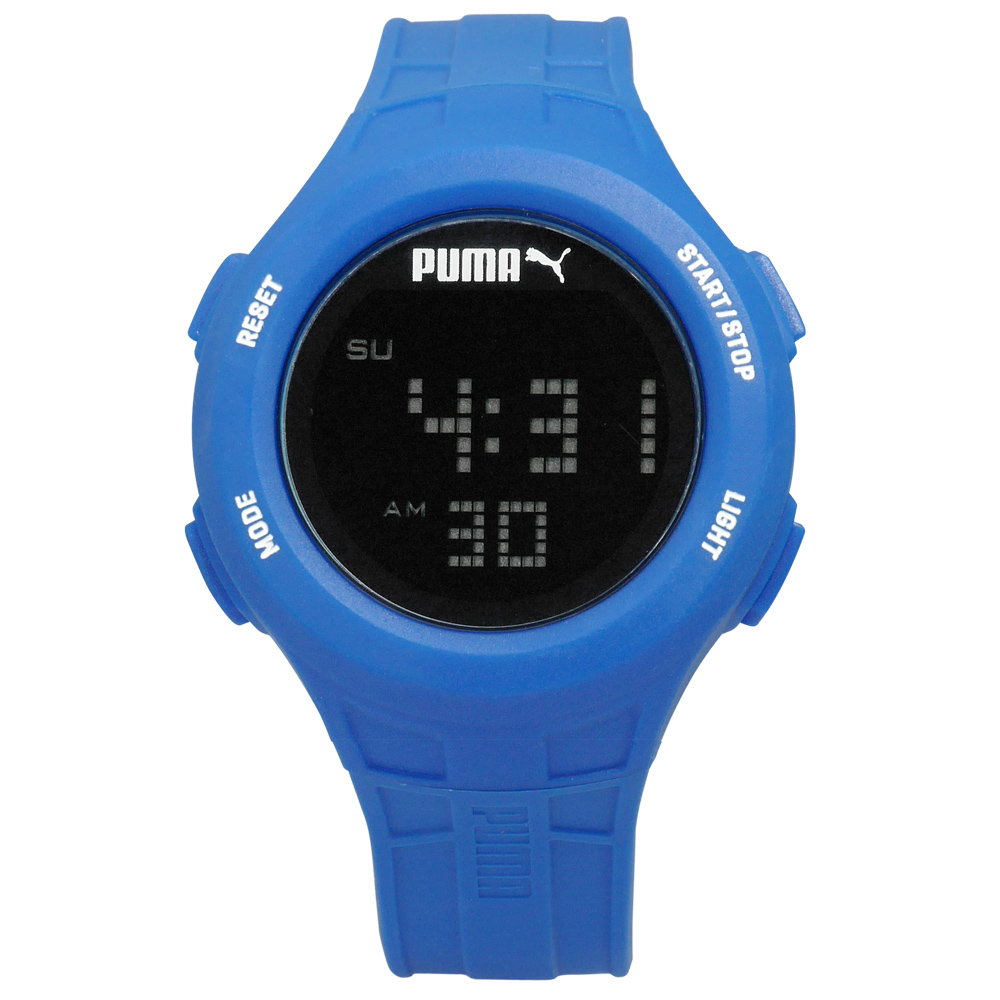 PUMA 感受心跳脈動運動電子橡膠腕錶-黑x藍/43mm