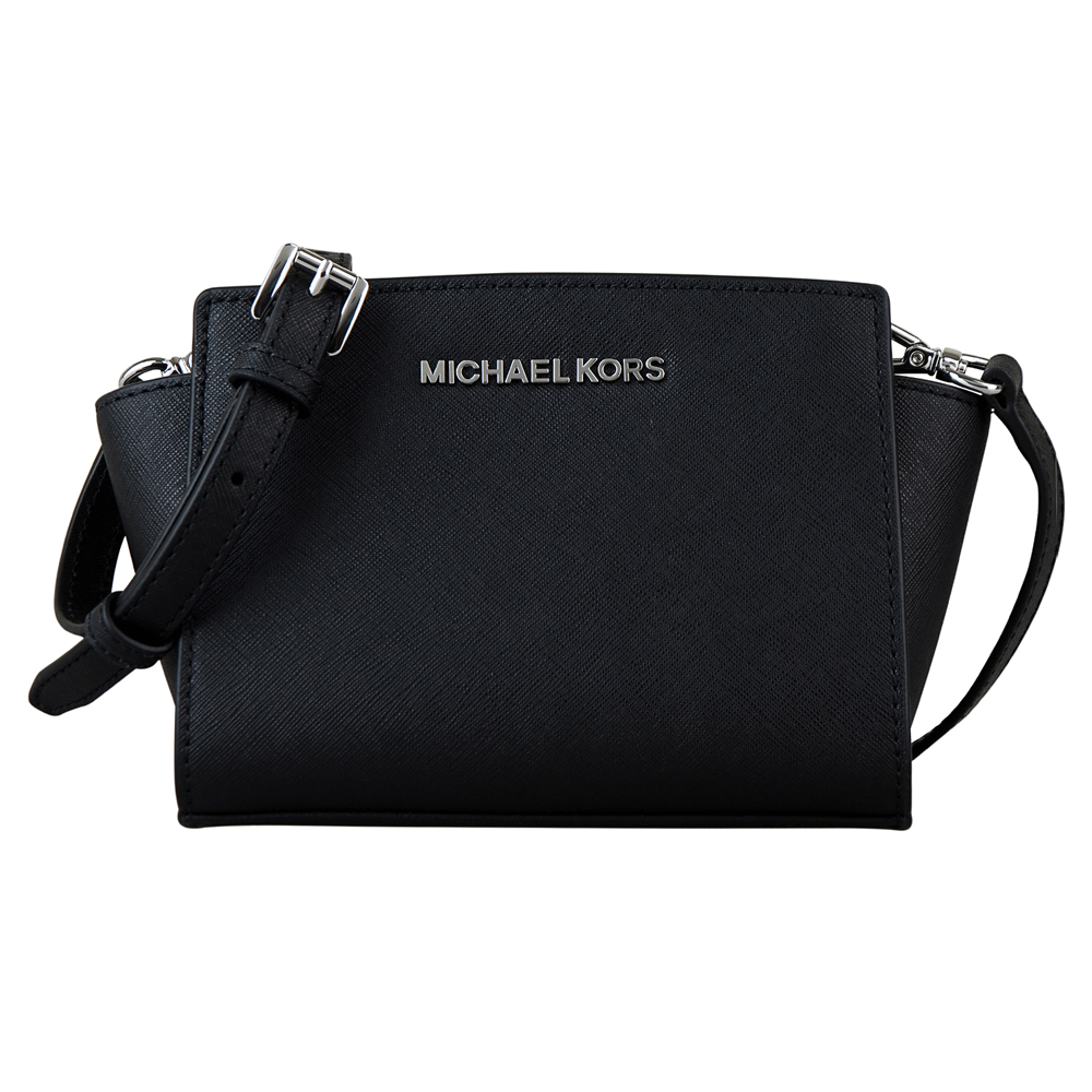 MICHAEL KORS SELMA銀字防刮皮革斜背包(迷你/黑)