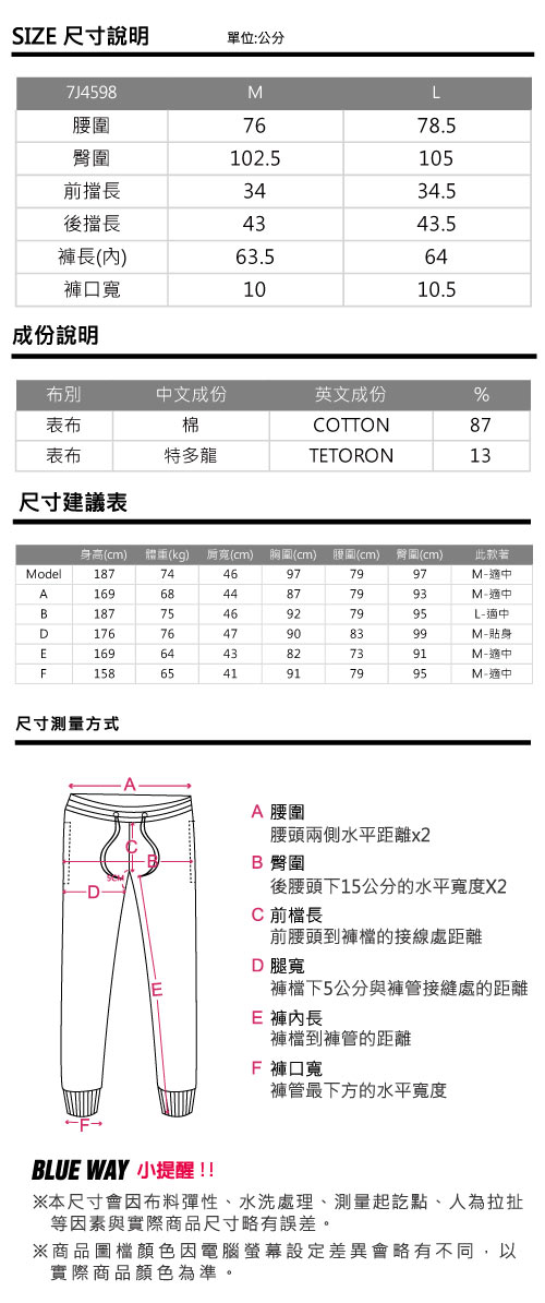 地藏小王 BLUE WAY 運動風不對稱剪裁撞色收腰縮口棉褲