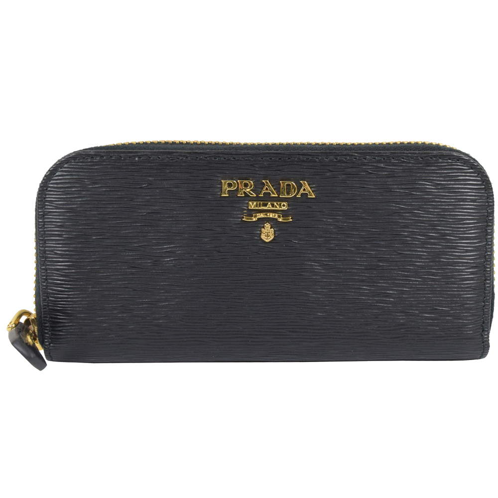 PRADA 經典浮雕LOGO水波紋六孔鑰匙包.黑