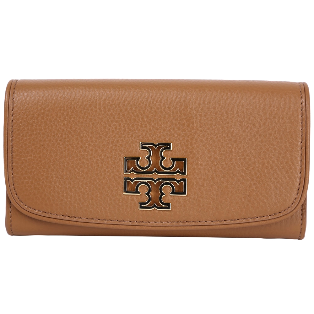 TORY BURCH BRITTEN DUO 鏤空金屬LOGO釦式長夾(棕色)